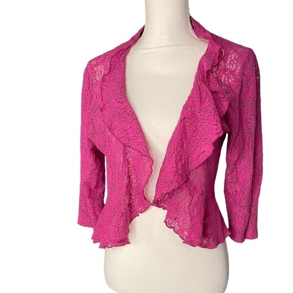Pink Fusia Lace Cropped Ruffle Cotton Blend Cardigan Women’s 1X by Notations - Picture 1 of 12